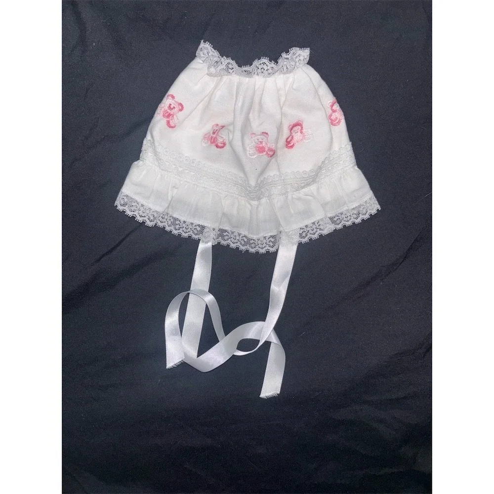 Feltman Bros Vtg Baby Bonnet White Pink embroidered Teddy Bear Lace Ribbon Tie